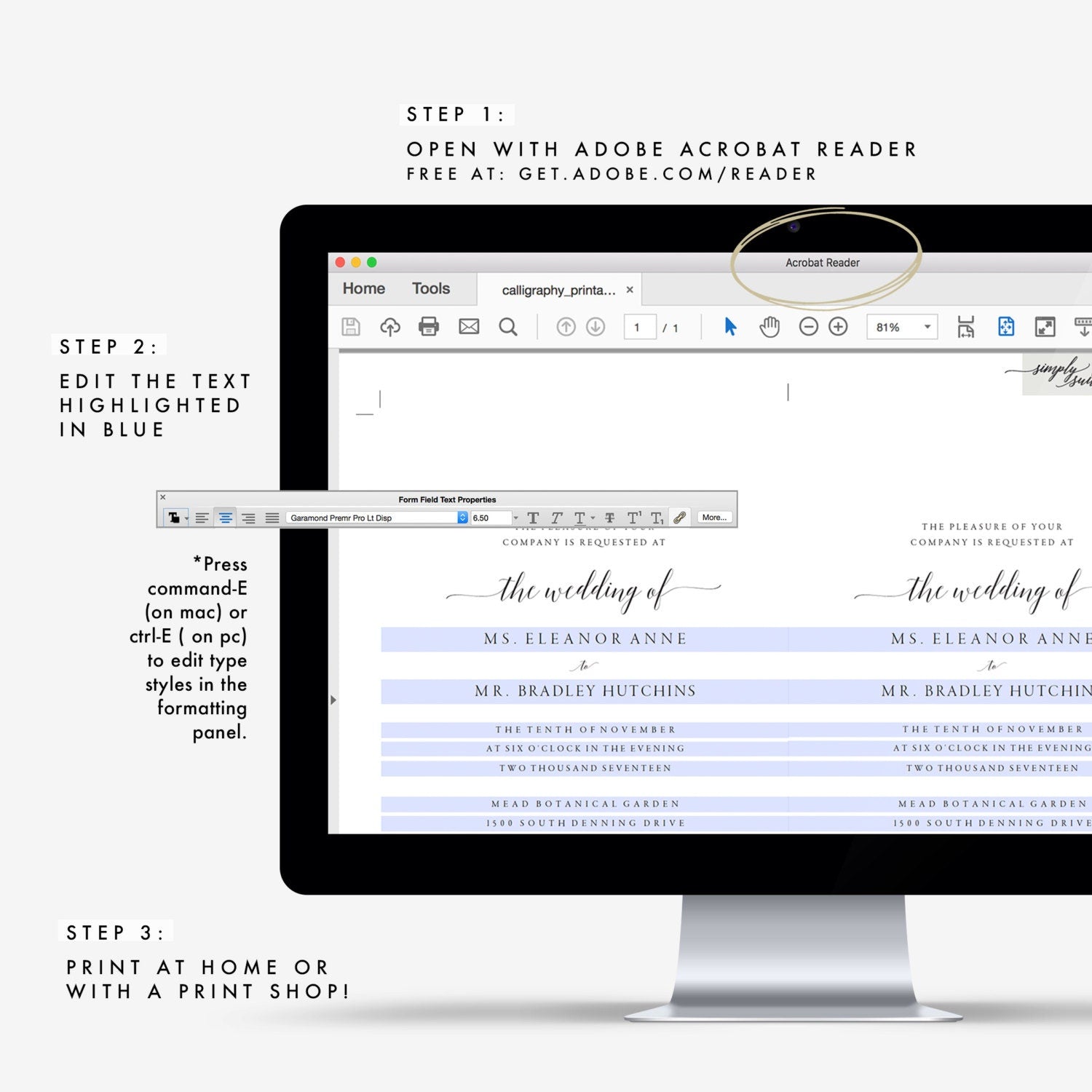 Calligraphy Wedding Invitation Template: Adel Printable Suite (PDF)
