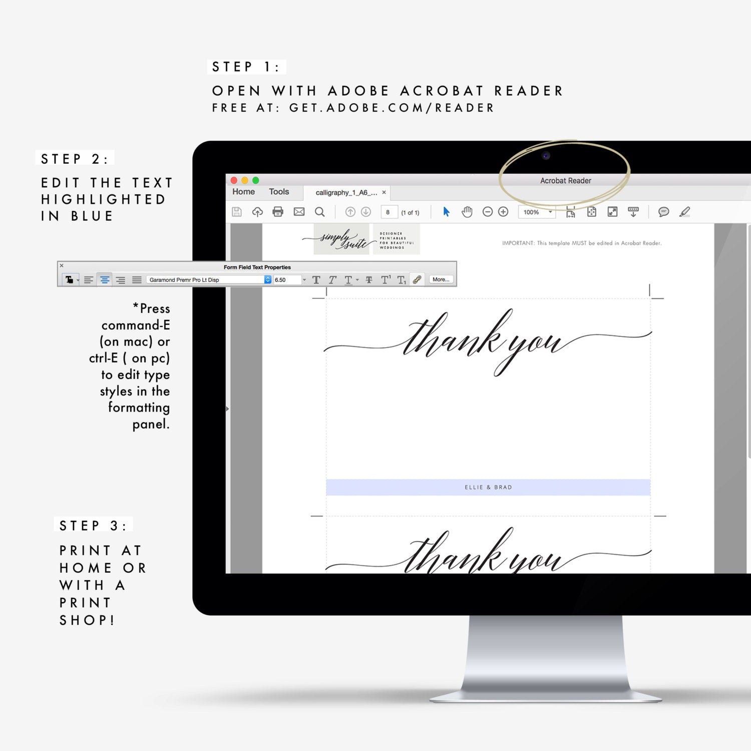 Calligraphy Thank You Card Template, Editable Wedding Stationery (PDF Instant Download)