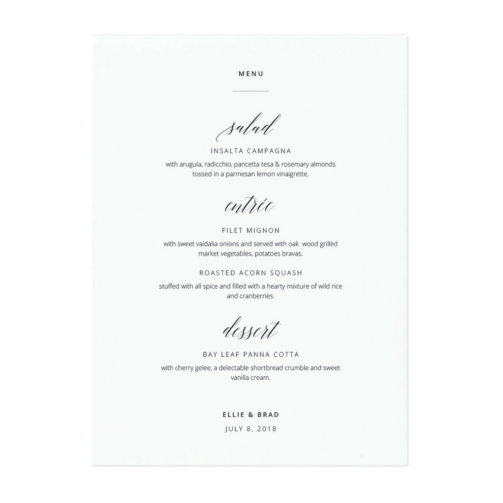 Minimalist Calligraphy Wedding Menu Template (PDF Instant Download)