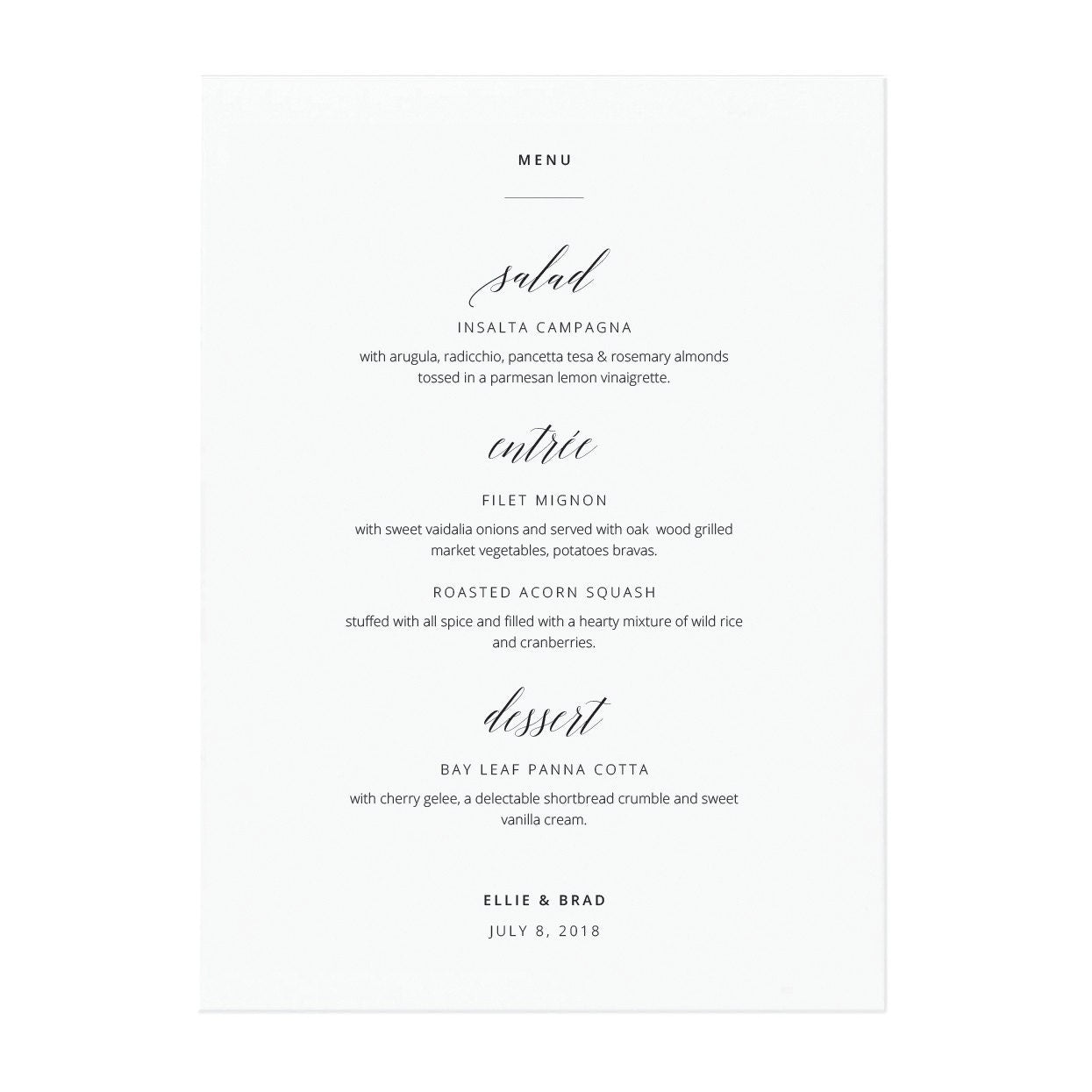 Minimalist Calligraphy Wedding Menu Template (PDF Instant Download)