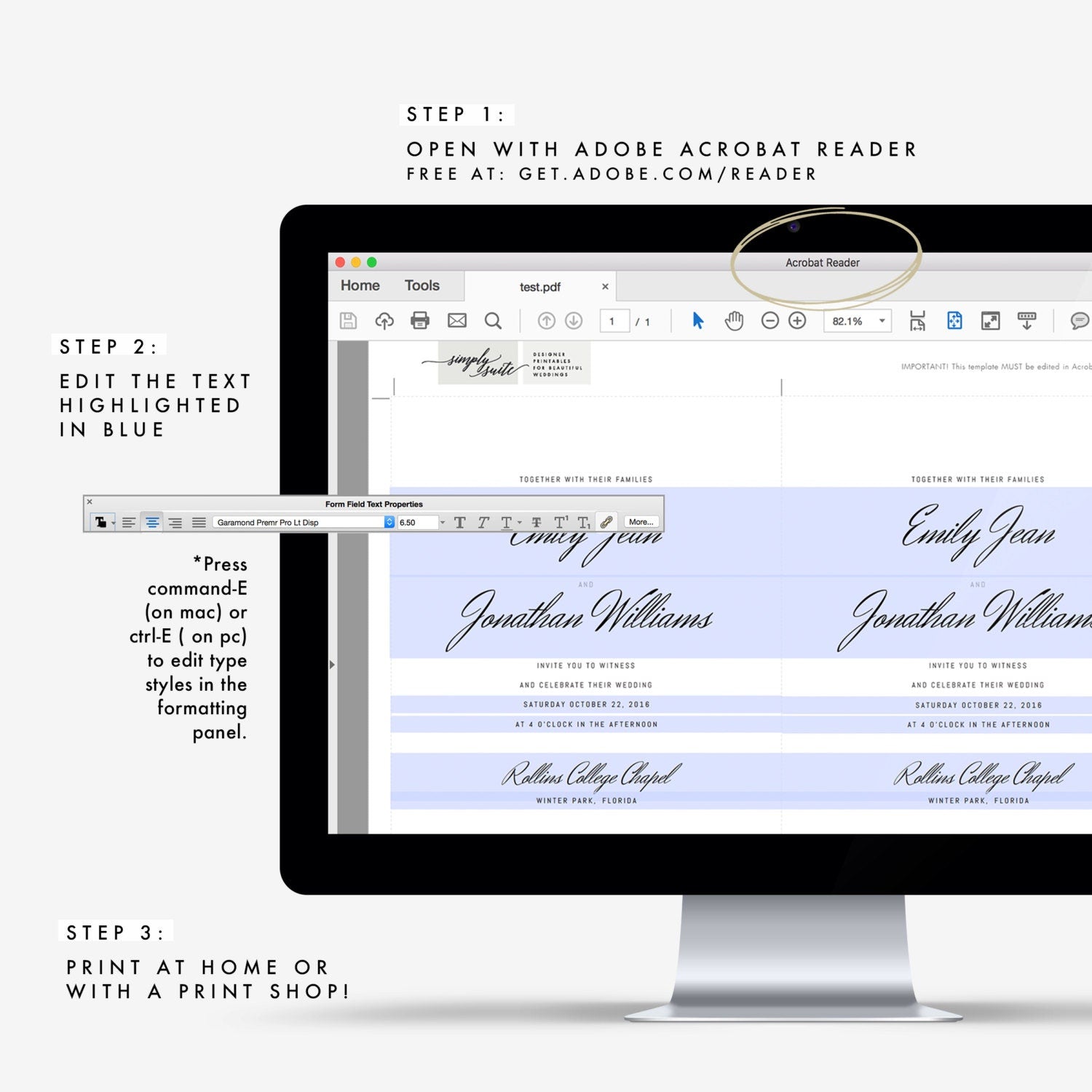 Printable Wedding Invitation Suite: Editable Heriot Template (PDF)