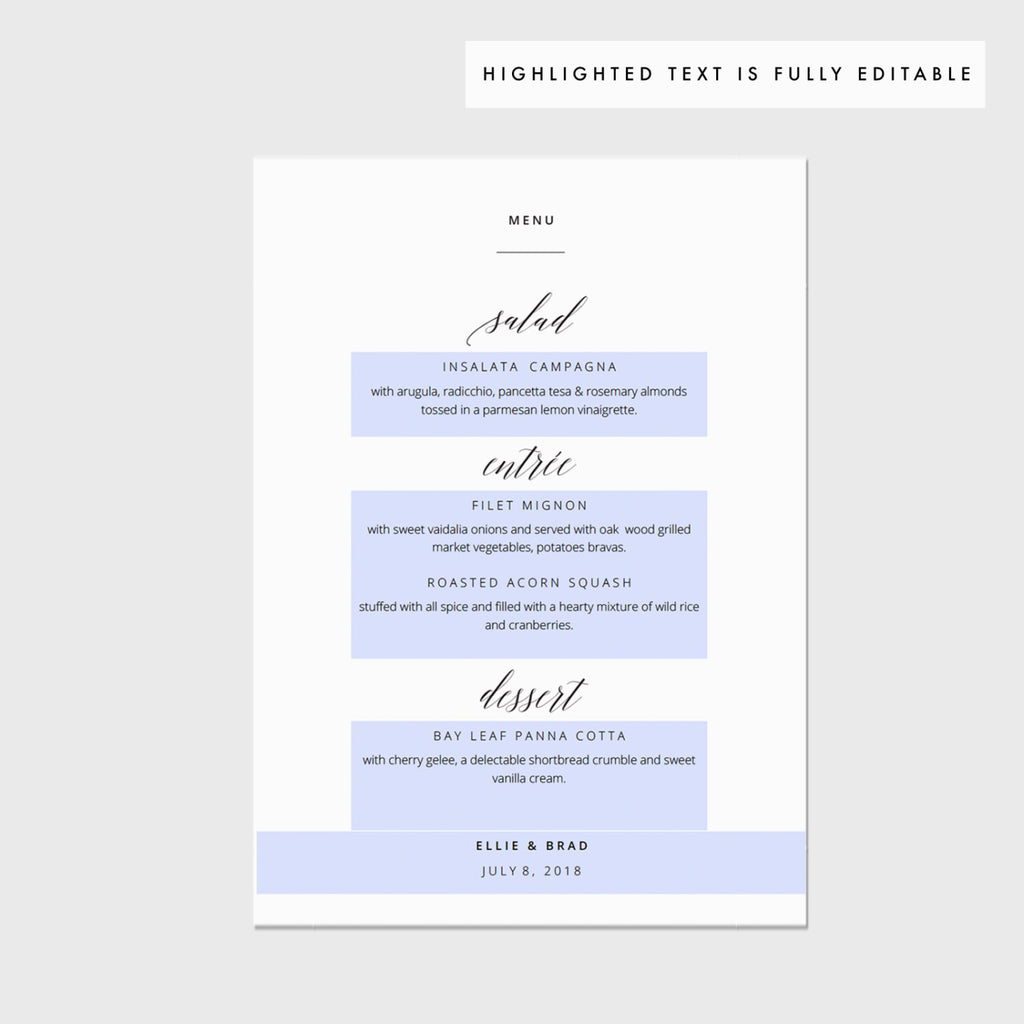 Minimalist Calligraphy Wedding Menu Template (PDF Instant Download)