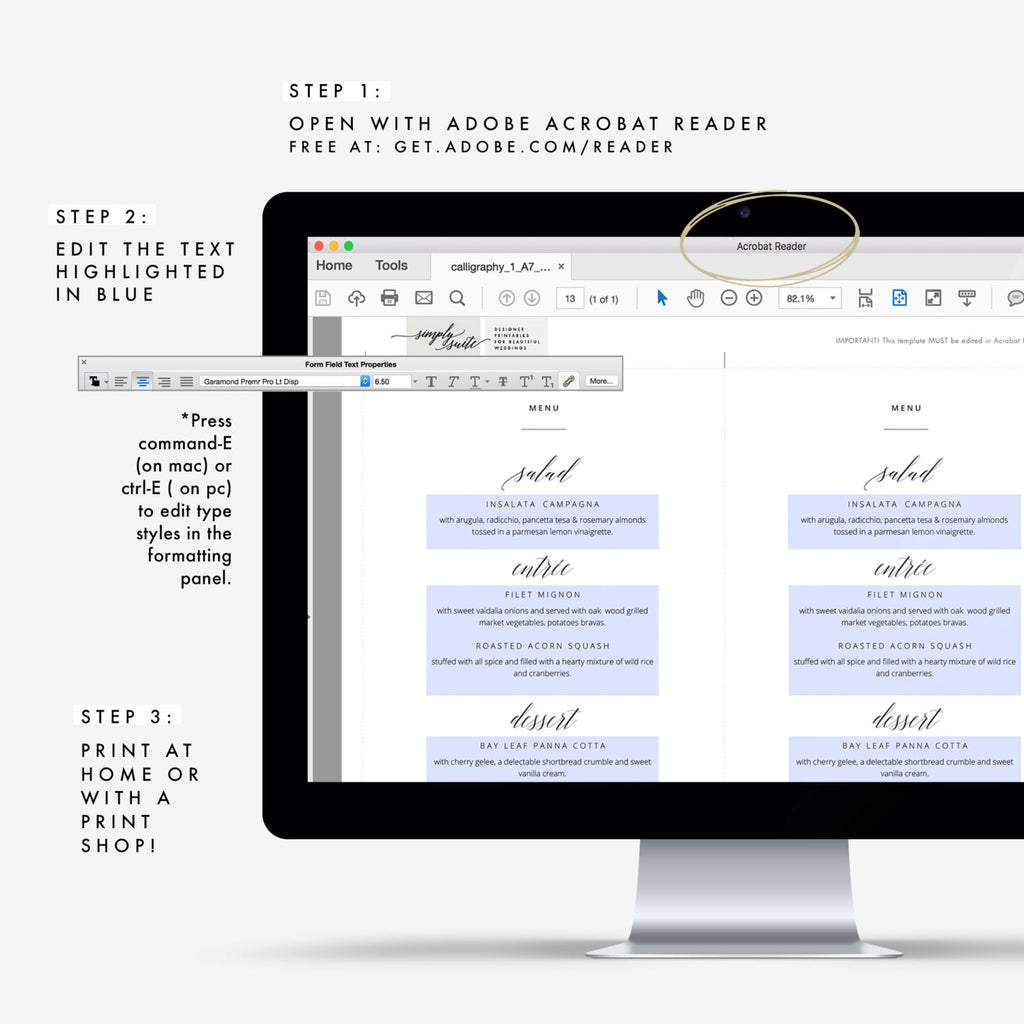 Minimalist Calligraphy Wedding Menu Template (PDF Instant Download)