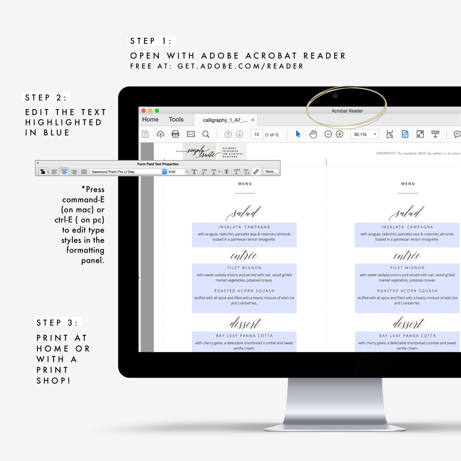 Minimalist Calligraphy Wedding Menu Template (PDF Instant Download)
