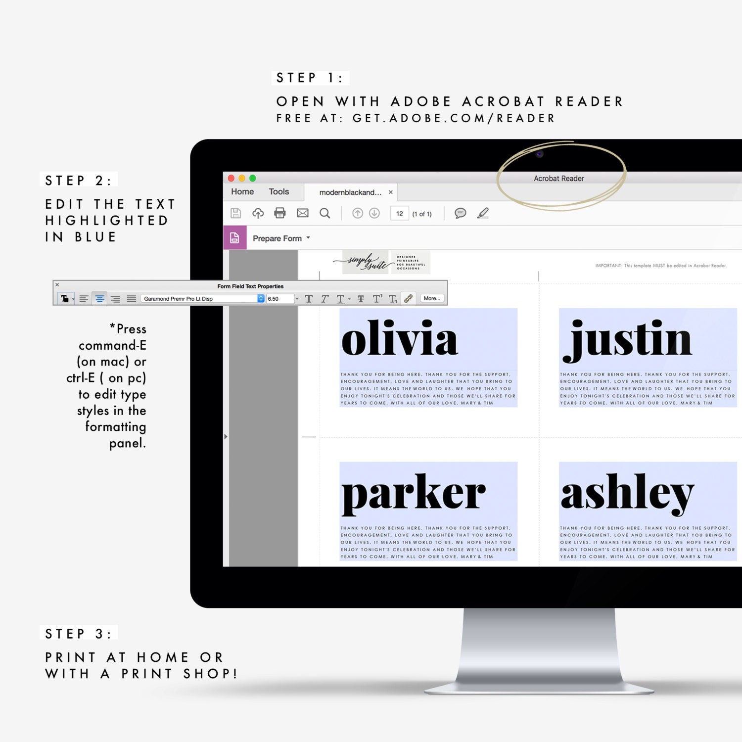 Modern Place Card Template: Fairfax, Thank You Sentiment (PDF Instant Download)