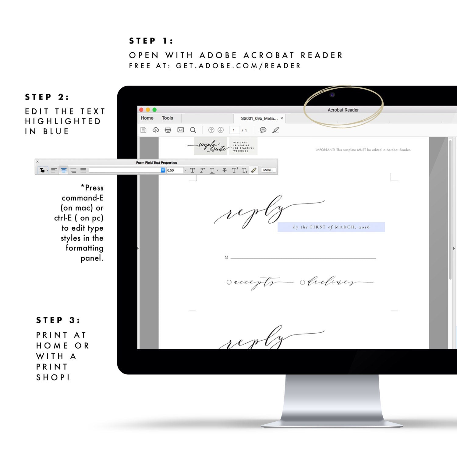 Black Calligraphy Wedding RSVP Card: Minimalist Reply Template (PDF Download)