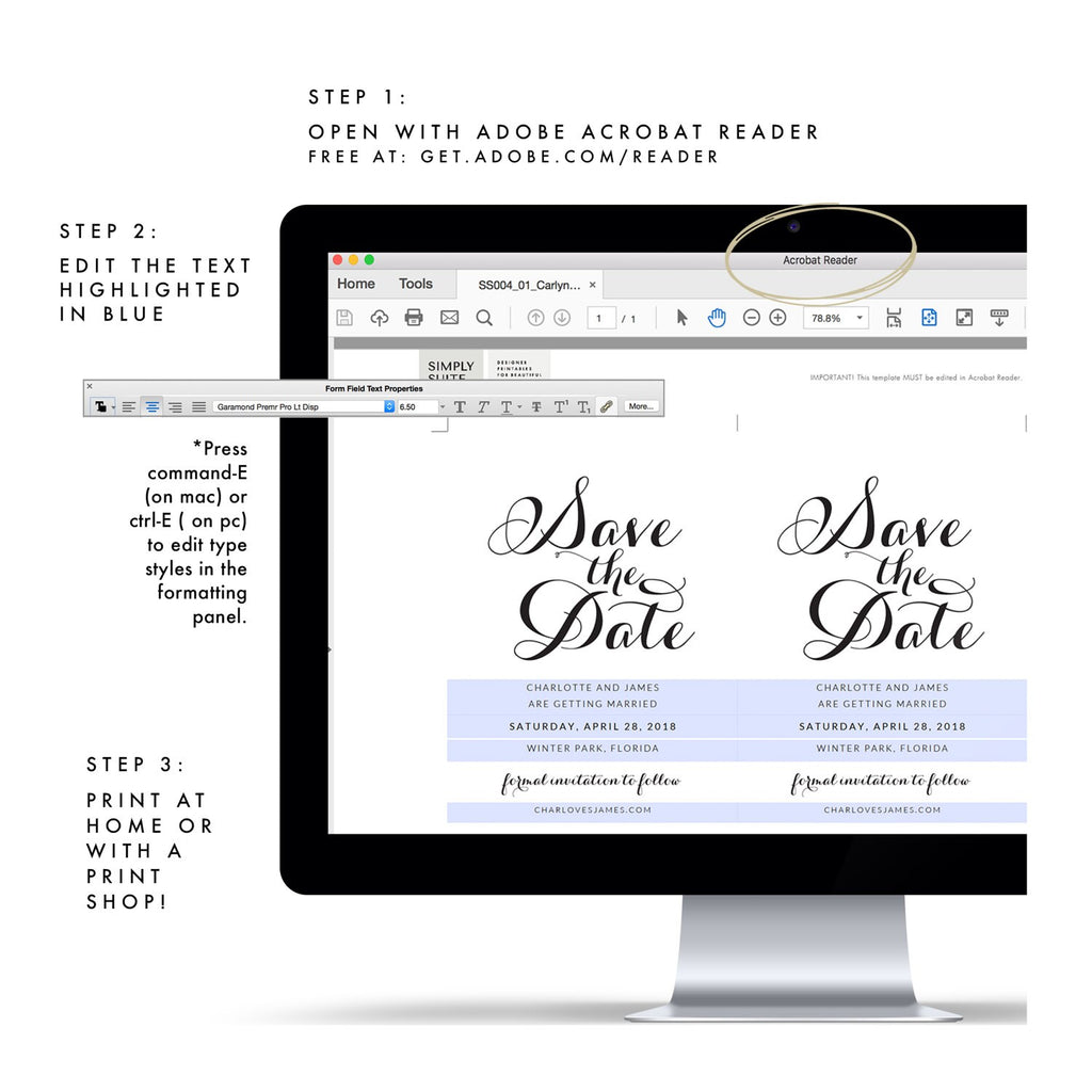 Calligraphy Wedding Save the Date Template: Carlyn Printable (PDF)
