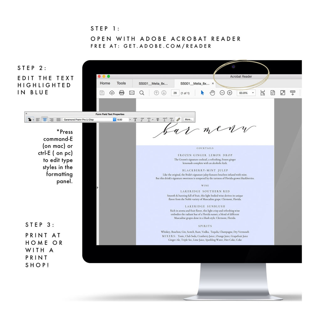 Calligraphy Bar Menu Sign Template: Wedding Reception Cocktails (PDF Download)