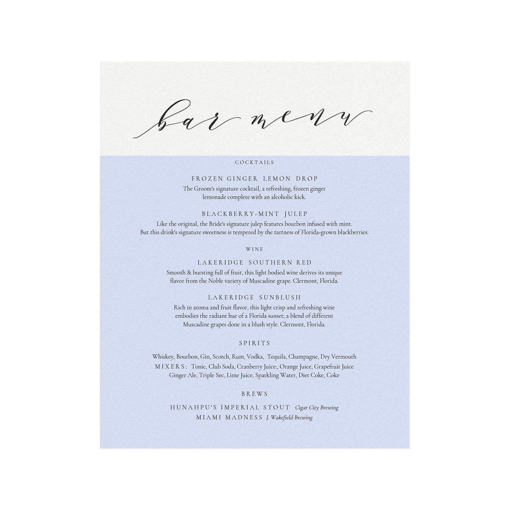 Calligraphy Bar Menu Sign Template: Wedding Reception Cocktails (PDF Download)