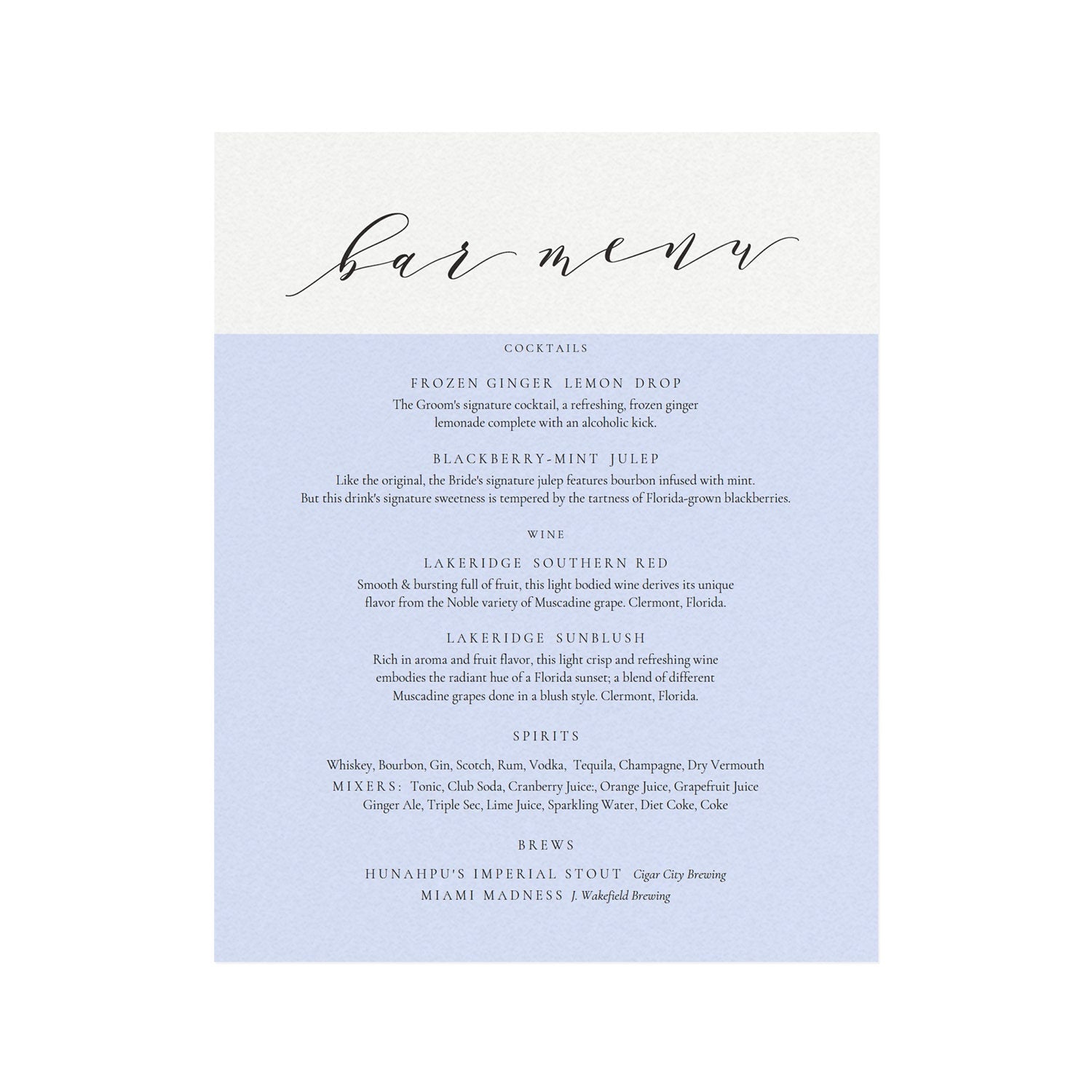 Calligraphy Bar Menu Sign Template: Wedding Reception Cocktails (PDF Download)
