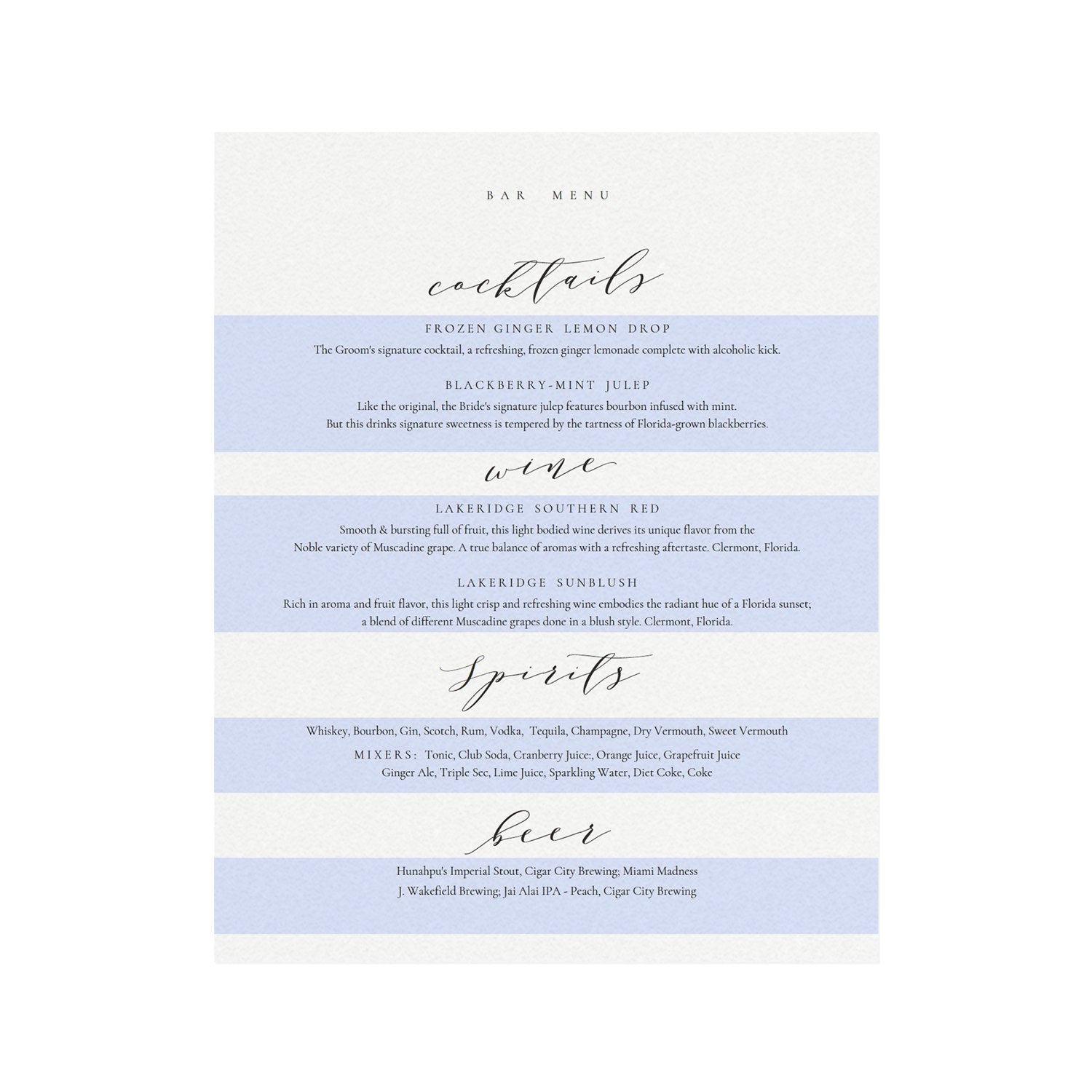 Calligraphy Wedding Bar Menu Sign Template (PDF Instant Download)