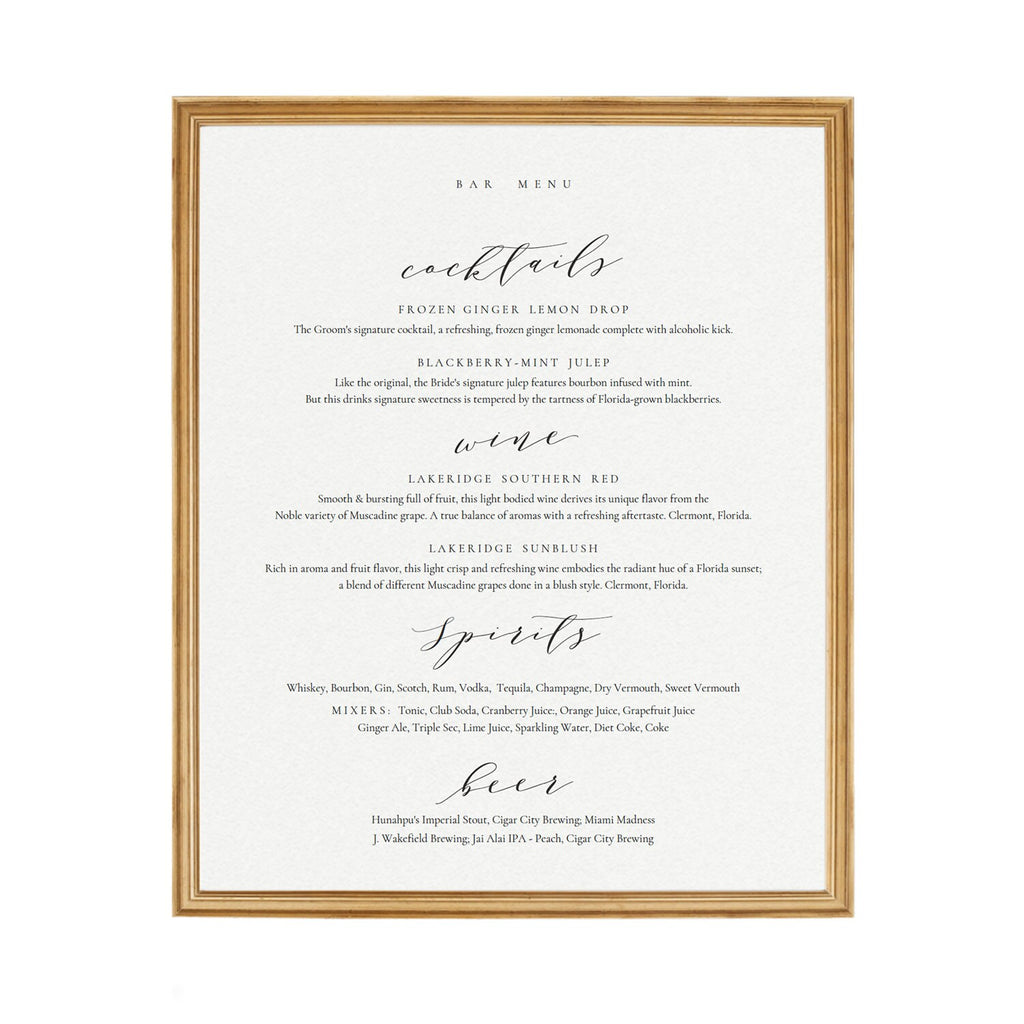 Calligraphy Wedding Bar Menu Sign Template (PDF Instant Download)