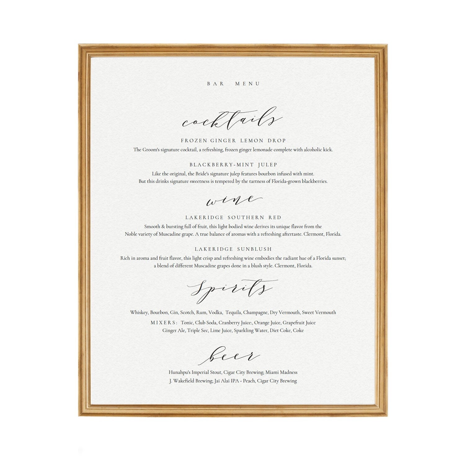Calligraphy Wedding Bar Menu Sign Template (PDF Instant Download)