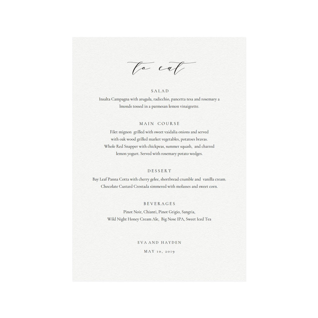 Calligraphy Wedding Menu Template: Minimalist Dinner, 5x7 (PDF)