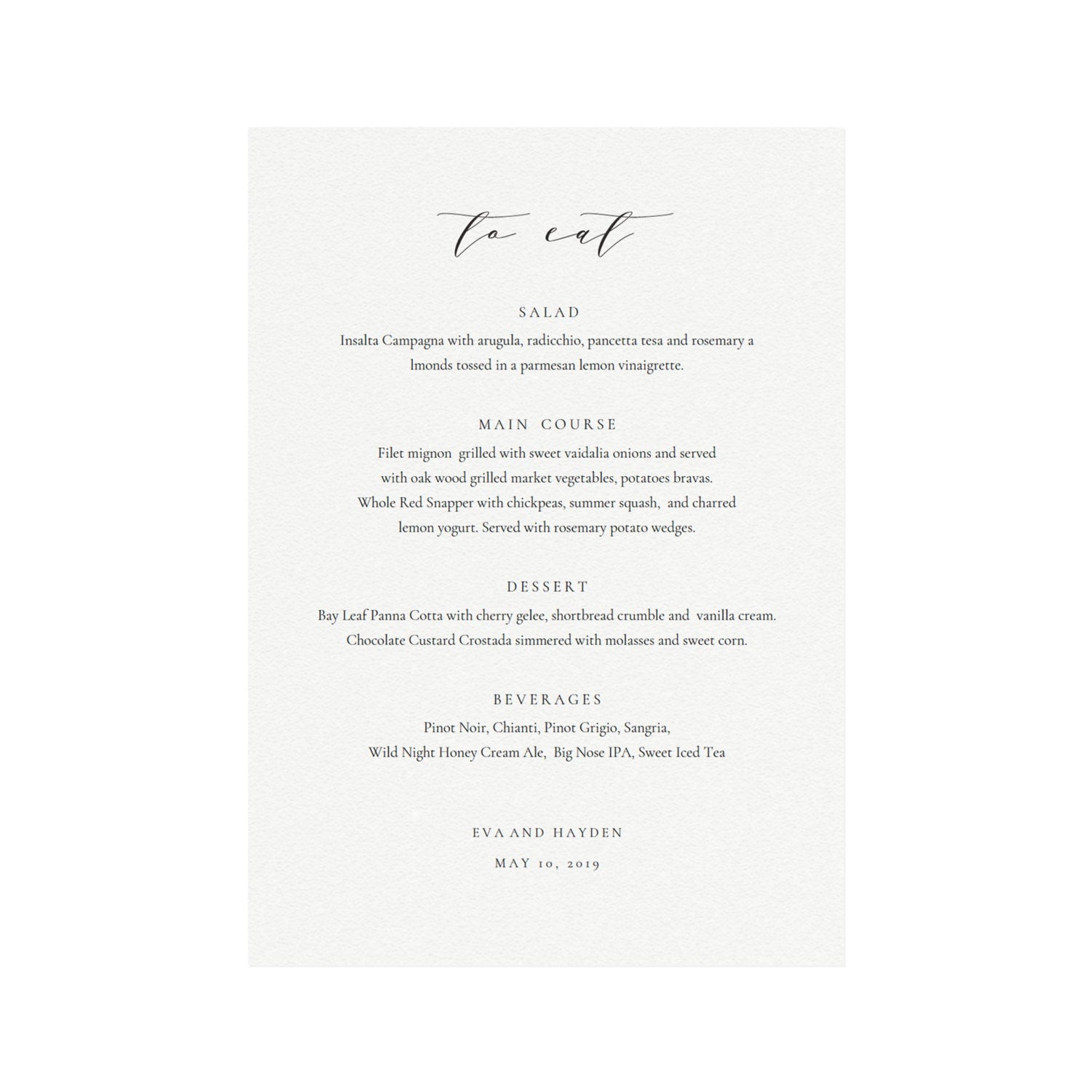 Calligraphy Wedding Menu Template: Minimalist Dinner, 5x7 (PDF)