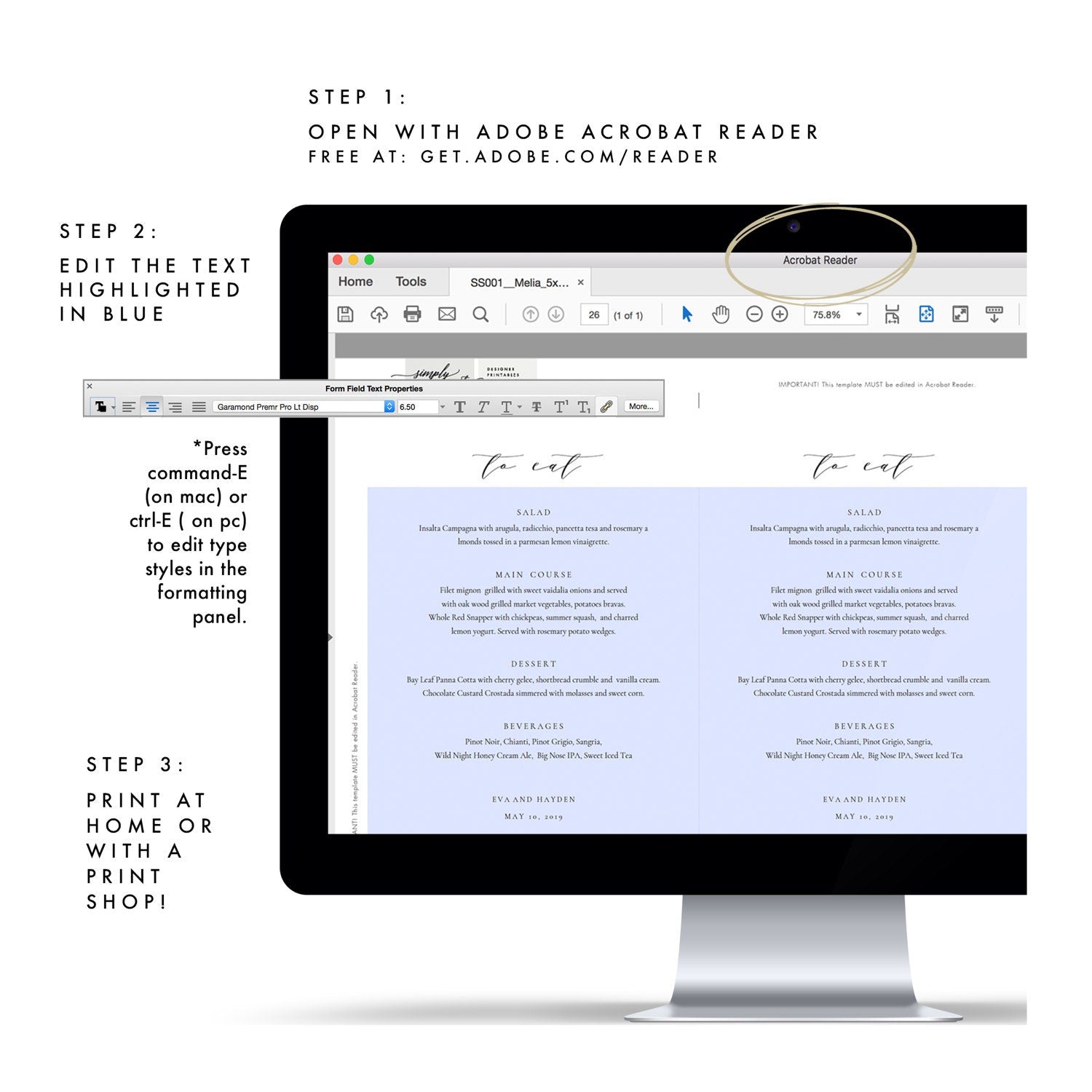 Calligraphy Wedding Menu Template: Minimalist Dinner, 5x7 (PDF)