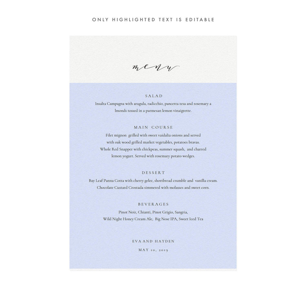 Calligraphy Wedding Menu Template: Melia Printable 5x7 (PDF Instant Download)