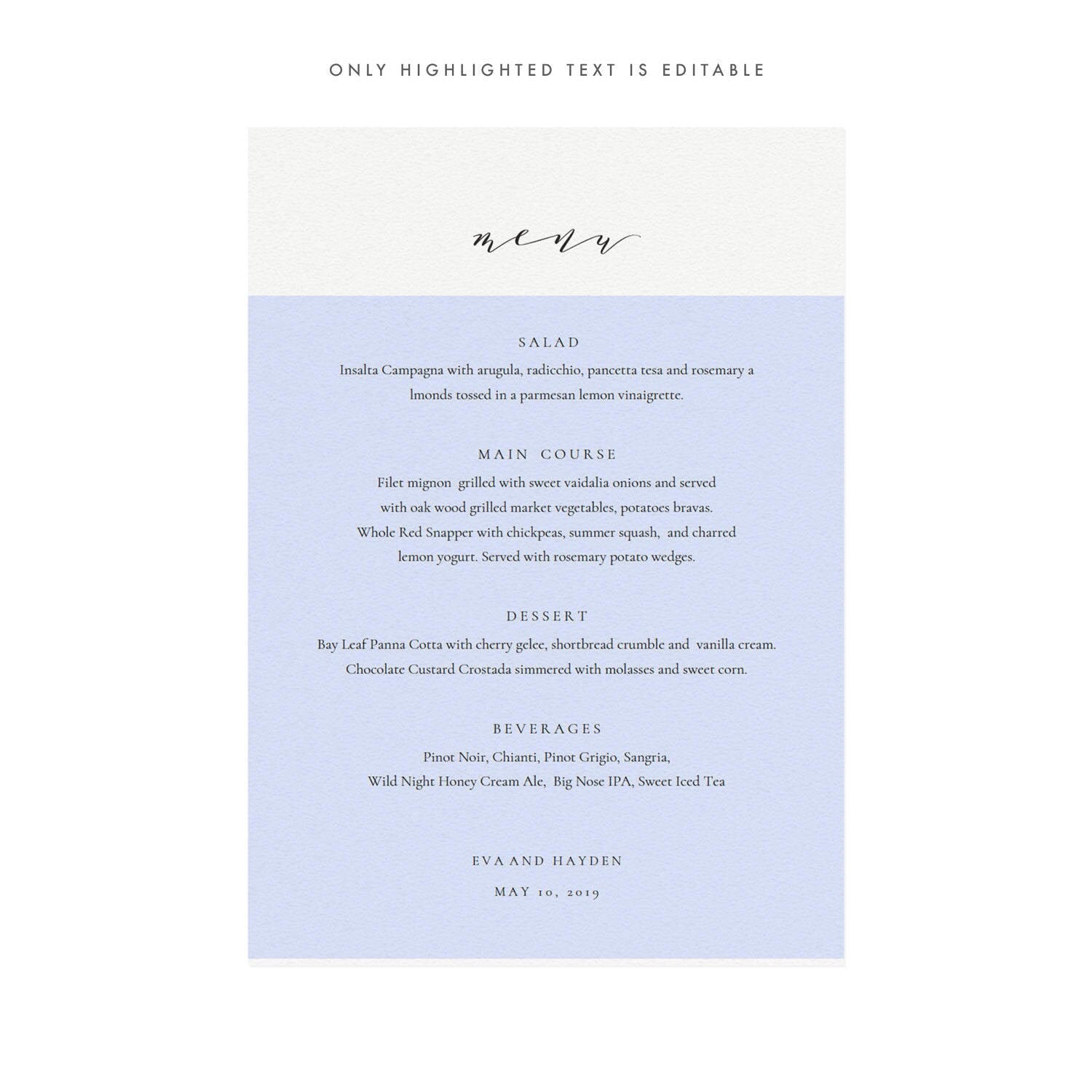 Calligraphy Wedding Menu Template: Melia Printable 5x7 (PDF Instant Download)