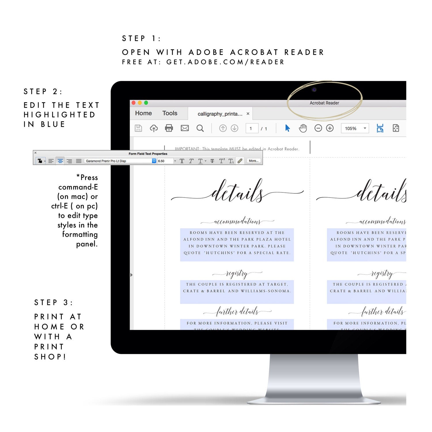 Printable Wedding Details Card Template: Calligraphy, Instant Download (PDF)
