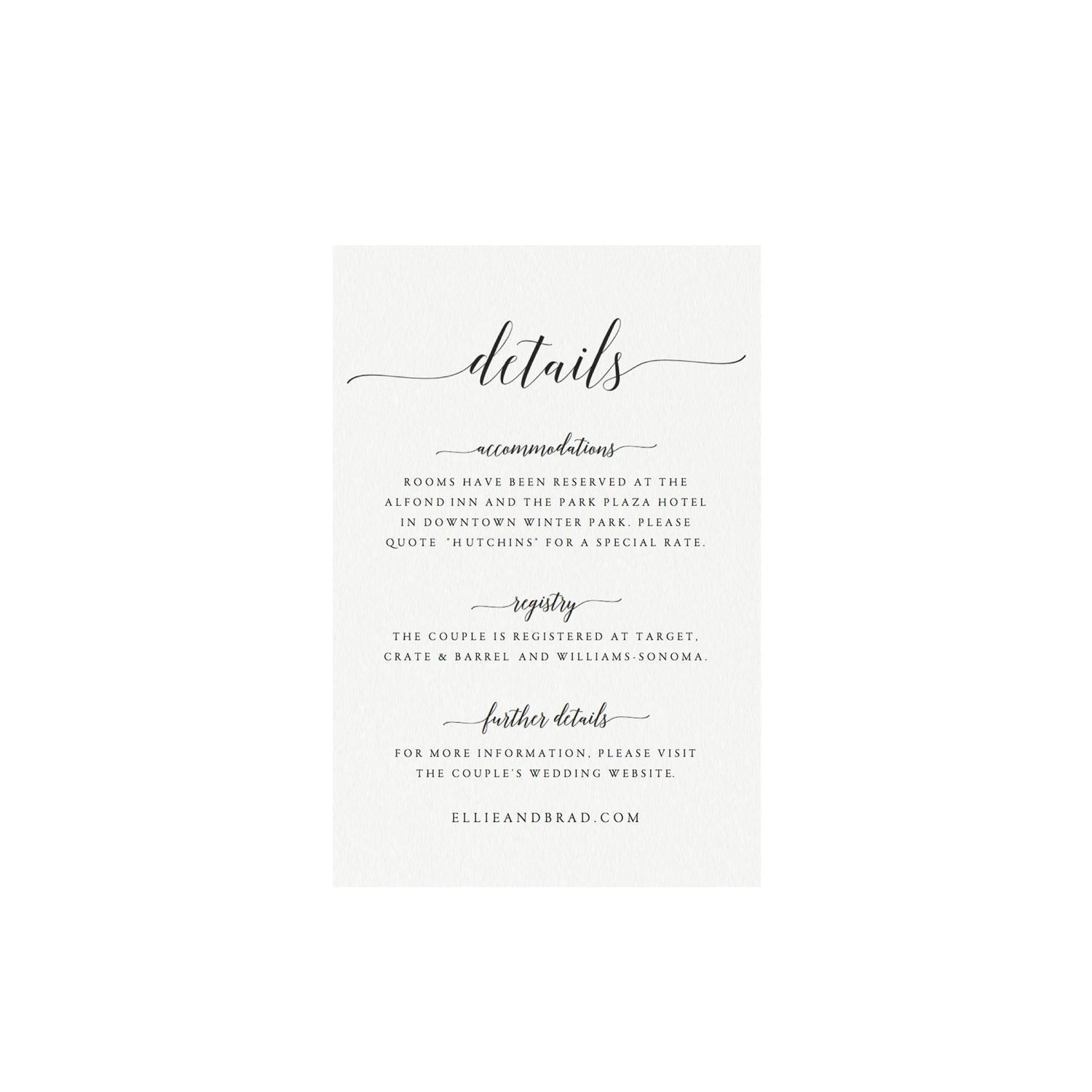 Printable Wedding Details Card Template: Calligraphy, Instant Download (PDF)