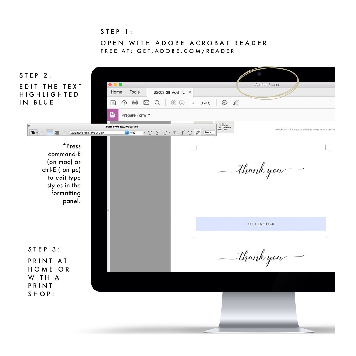 Calligraphy Wedding Thank You Card Template: Adel Printable (PDF)