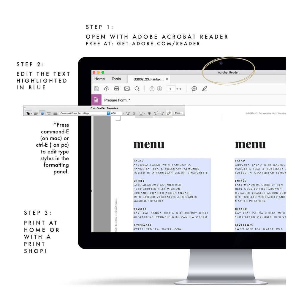 Modern Wedding Menu Template: Fairfax Printable Suite (PDF Instant Download)