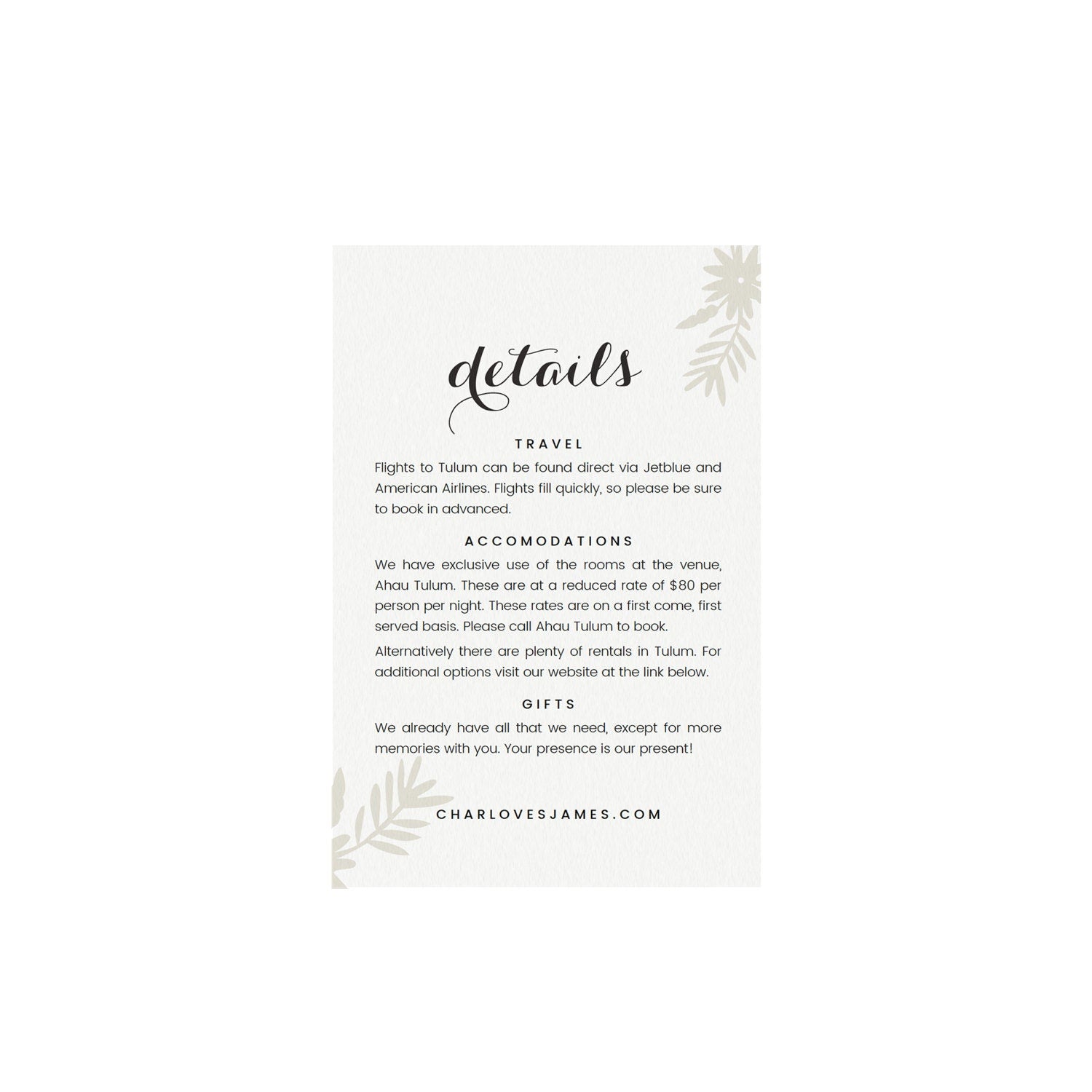 Otomi Wedding Details Card Template: Tulum Destination Invitation (PDF)