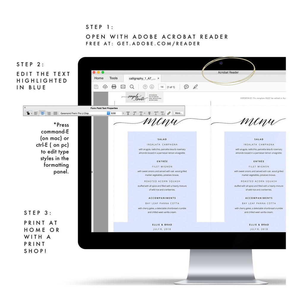 Minimalist Calligraphy Wedding Menu Template, Editable Printable (PDF Instant Download)