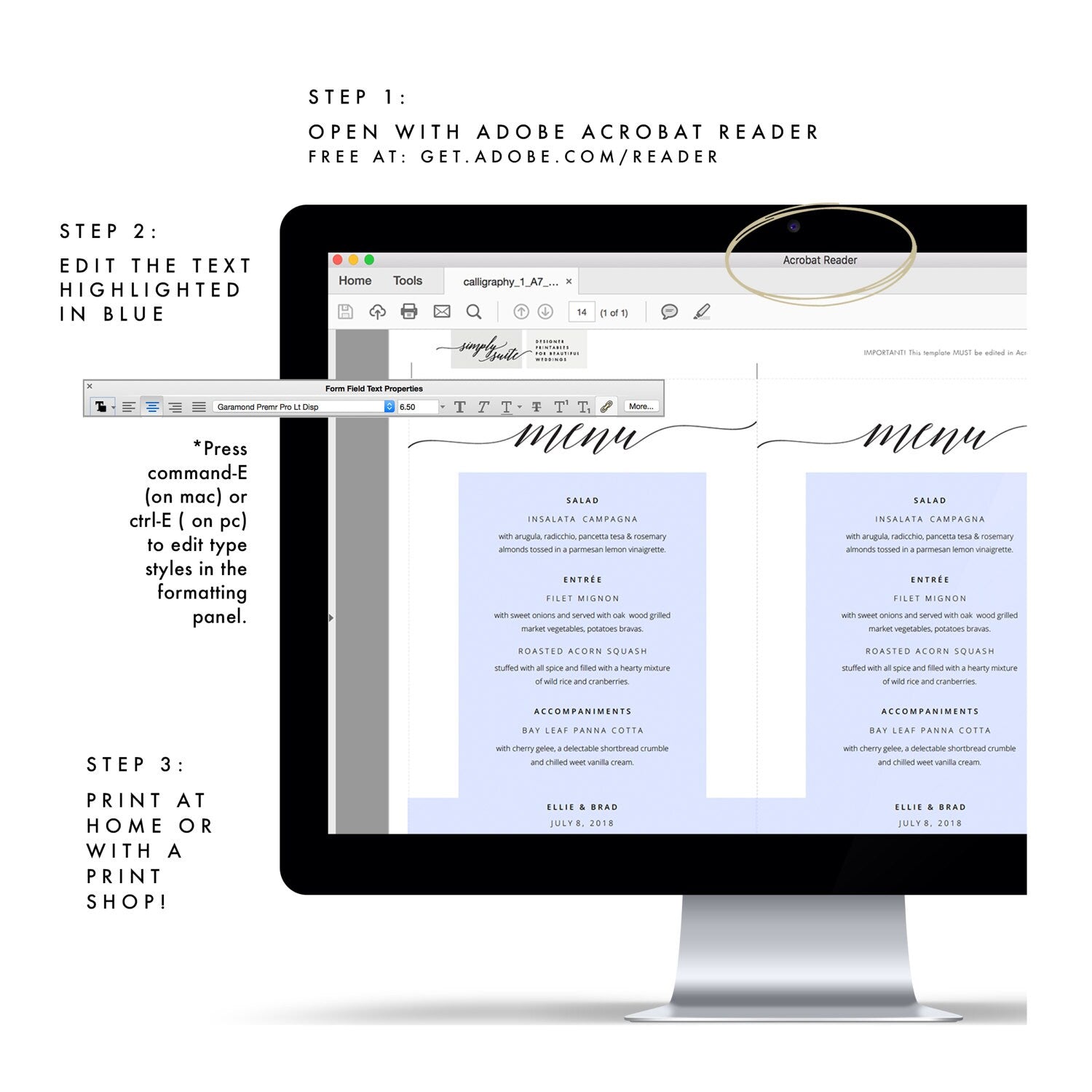 Minimalist Calligraphy Wedding Menu Template, Editable Printable (PDF Instant Download)