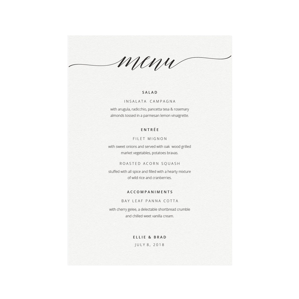Minimalist Calligraphy Wedding Menu Template, Editable Printable (PDF Instant Download)