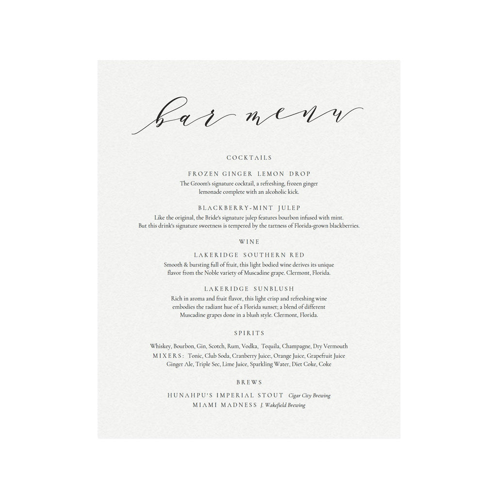 Calligraphy Bar Menu Sign Template: Wedding Reception Cocktails (PDF Download)