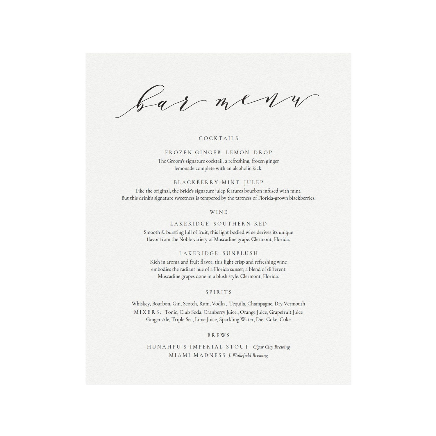 Calligraphy Bar Menu Sign Template: Wedding Reception Cocktails (PDF Download)