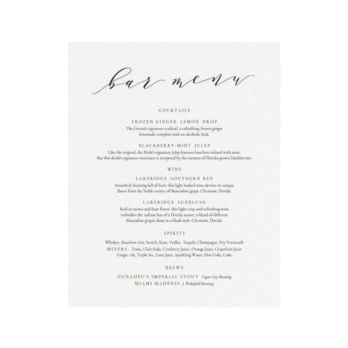 Calligraphy Bar Menu Sign Template: Wedding Reception Cocktails (PDF Download)