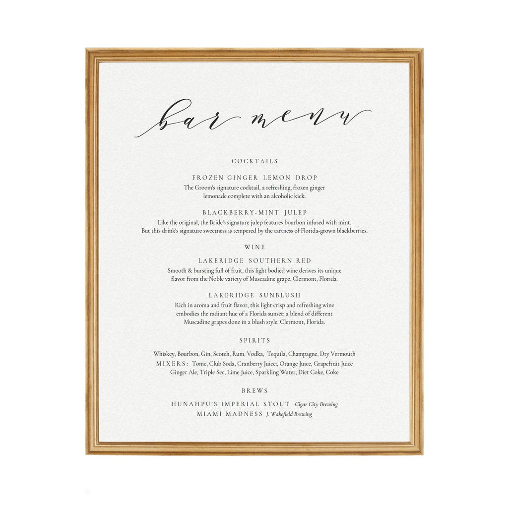 Calligraphy Bar Menu Sign Template: Wedding Reception Cocktails (PDF Download)