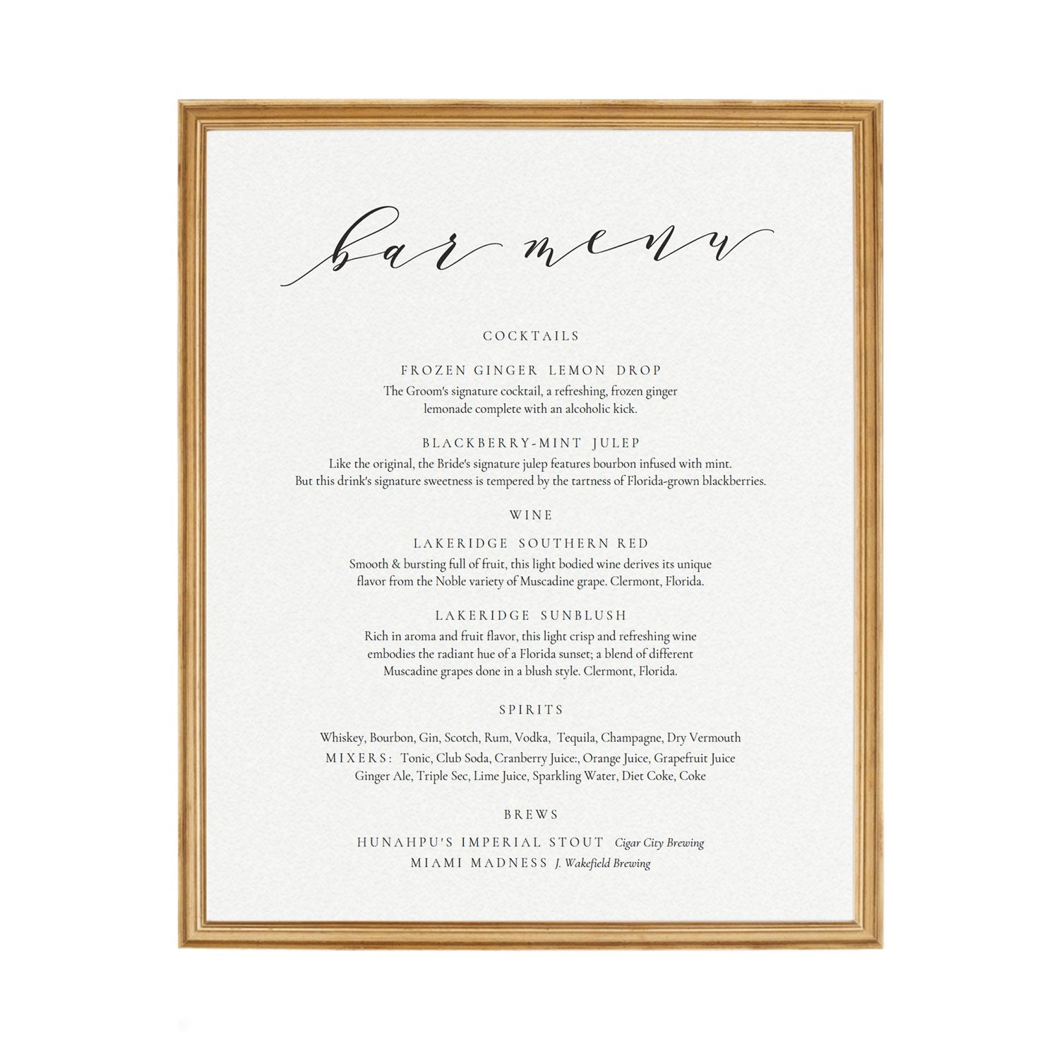 Calligraphy Bar Menu Sign Template: Wedding Reception Cocktails (PDF Download)