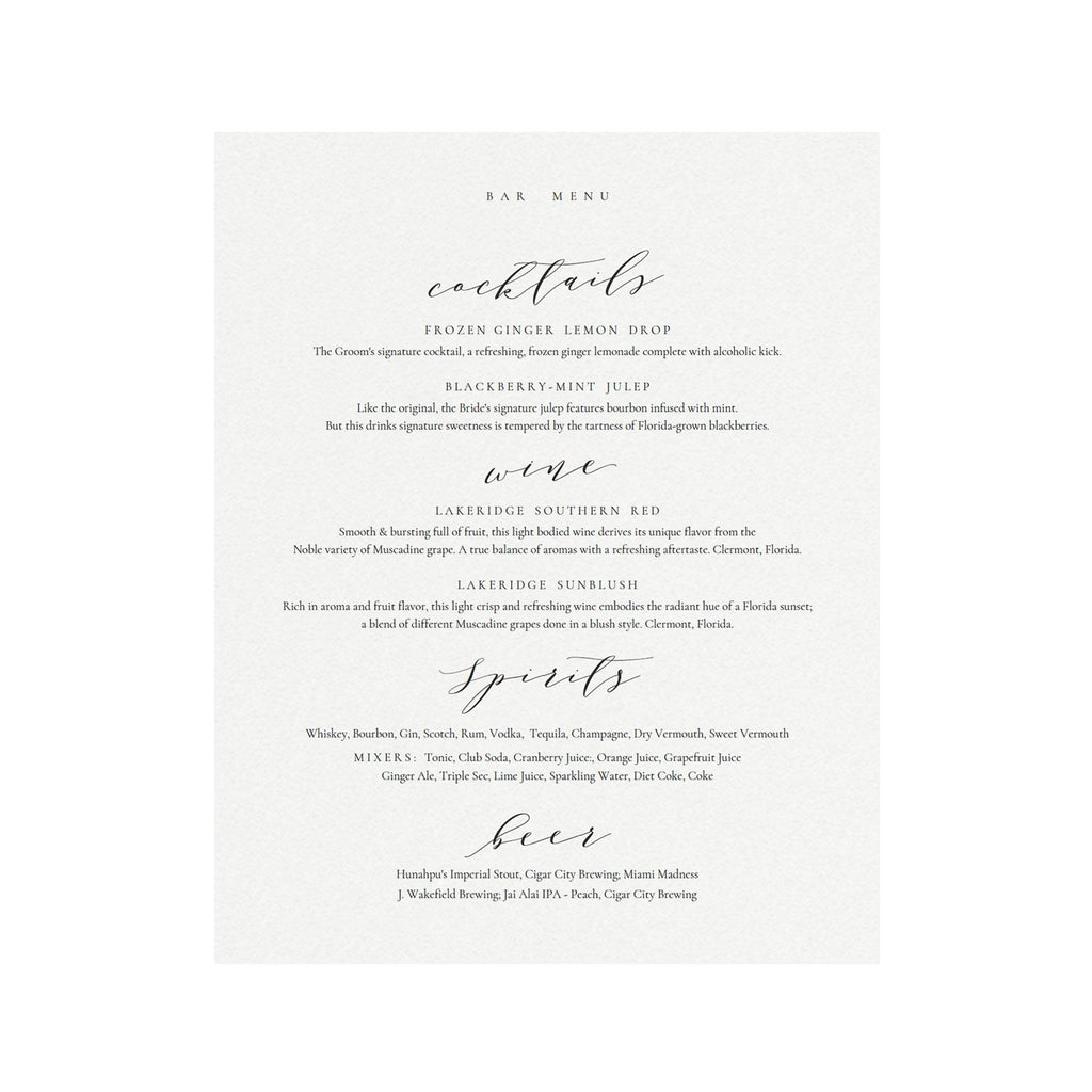 Calligraphy Wedding Bar Menu Sign Template (PDF Instant Download)