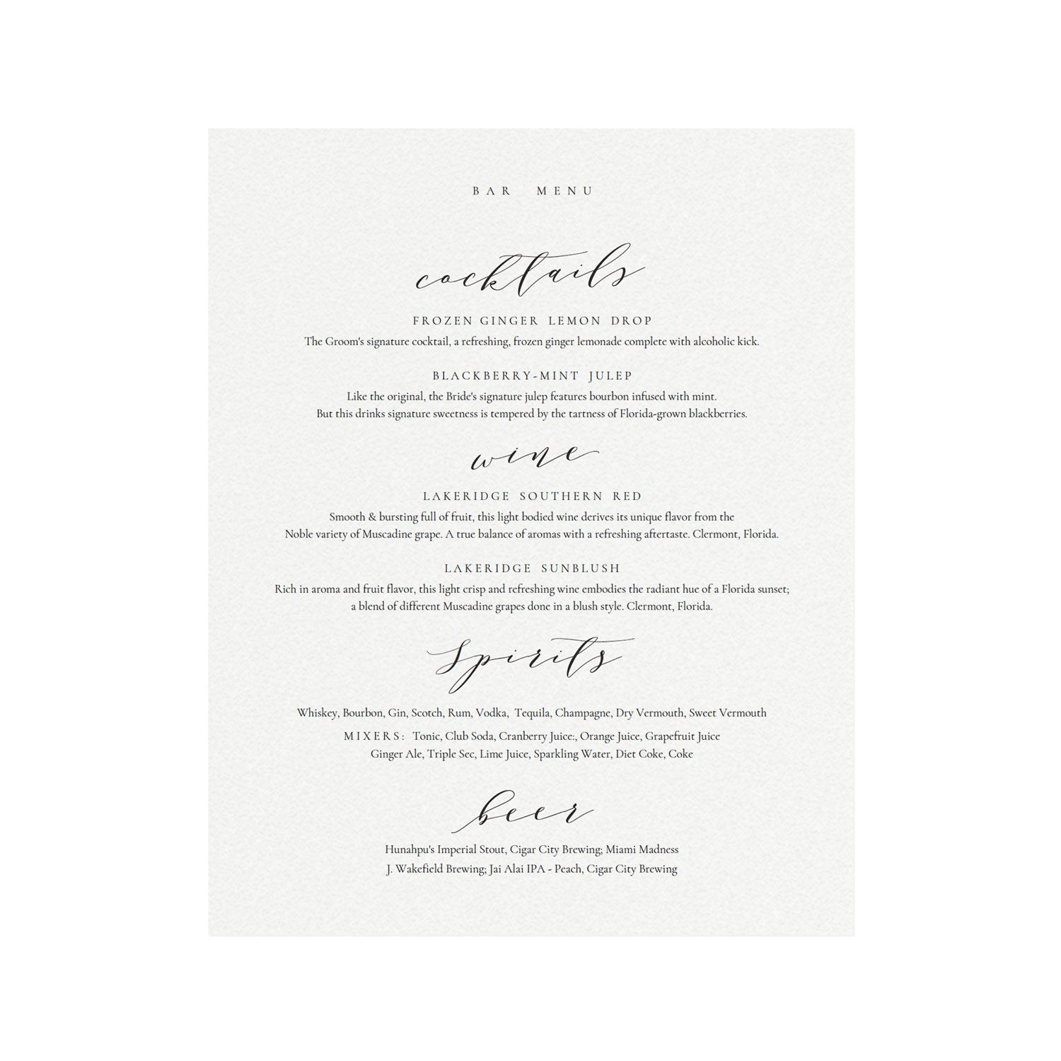 Calligraphy Wedding Bar Menu Sign Template (PDF Instant Download)