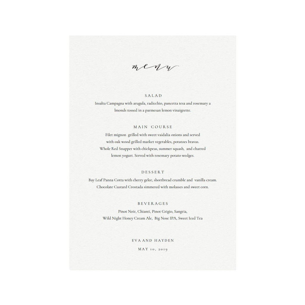 Calligraphy Wedding Menu Template: Melia Printable 5x7 (PDF Instant Download)
