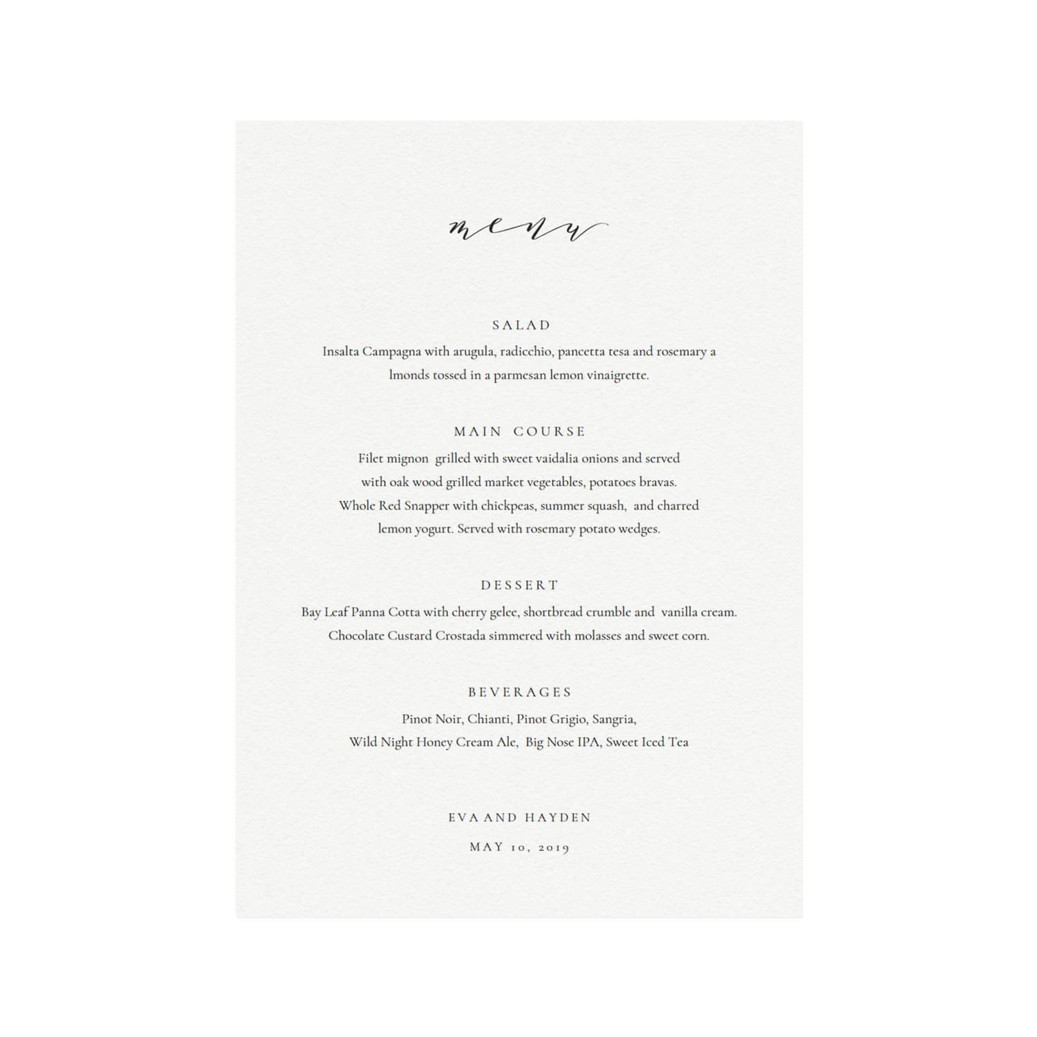 Calligraphy Wedding Menu Template: Melia Printable 5x7 (PDF Instant Download)