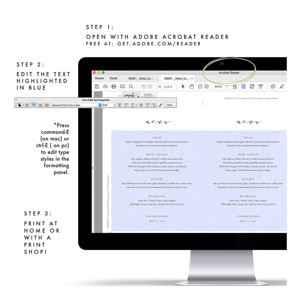 Calligraphy Wedding Menu Template: Melia Printable 5x7 (PDF Instant Download)