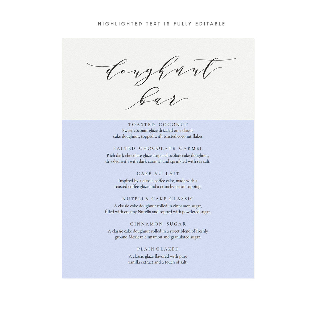 Calligraphy Doughnut Bar Menu Sign: 8x10 Wedding Template (PDF Download)
