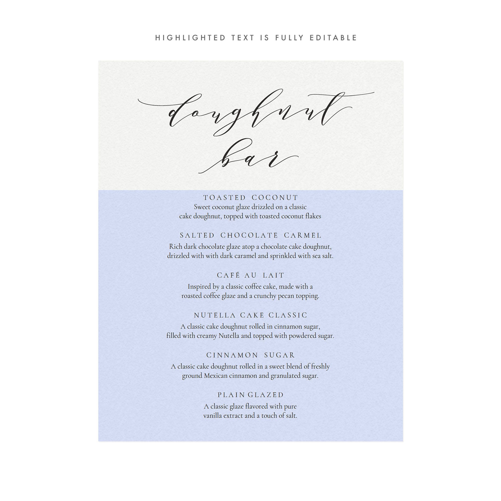 Calligraphy Doughnut Bar Menu Sign: 8x10 Wedding Template (PDF Download)
