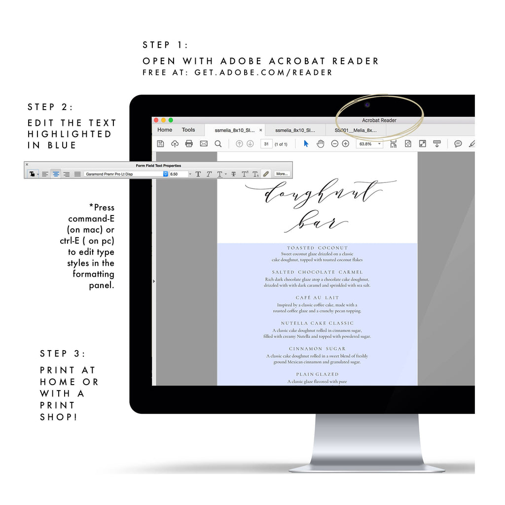Calligraphy Doughnut Bar Menu Sign: 8x10 Wedding Template (PDF Download)
