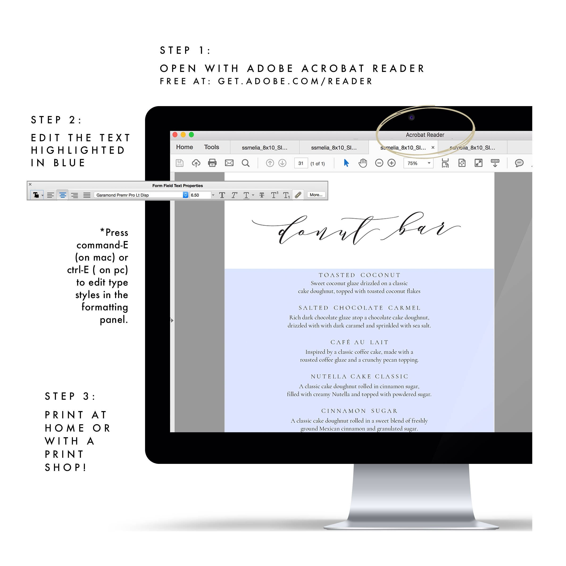 Calligraphy Donut Bar Wedding Sign: Melia Printable Menu (PDF)