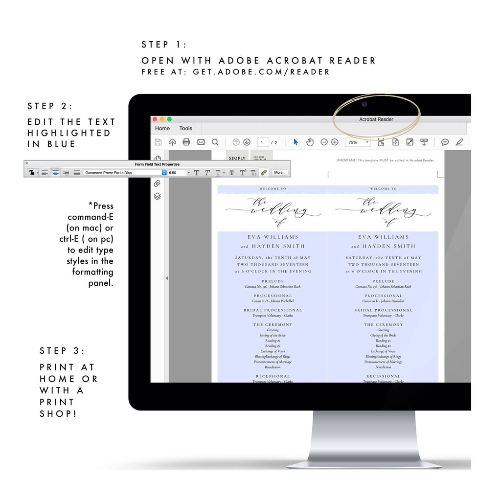 Calligraphy Wedding Program Template: Black, Editable PDF (Instant Download)