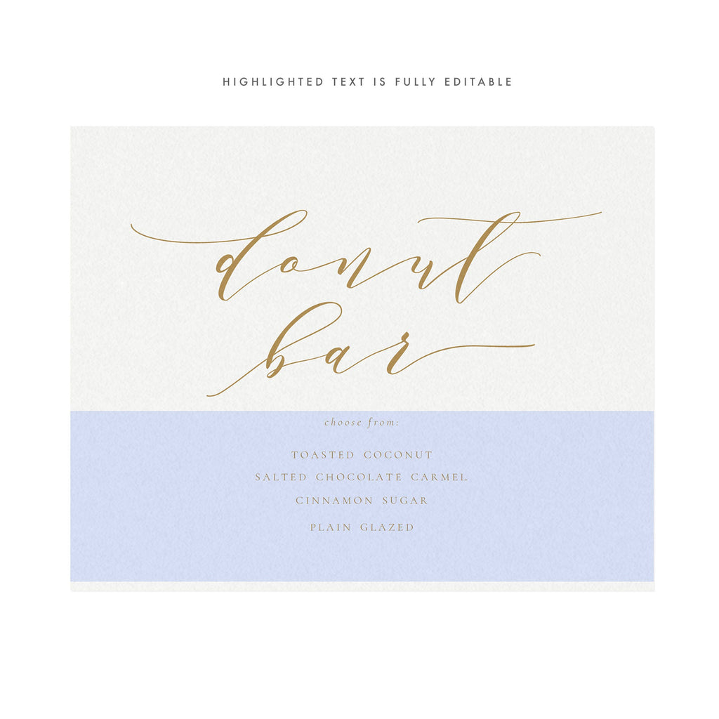 Gold Calligraphy Donut Bar Sign: Melia Printable (PDF Download)