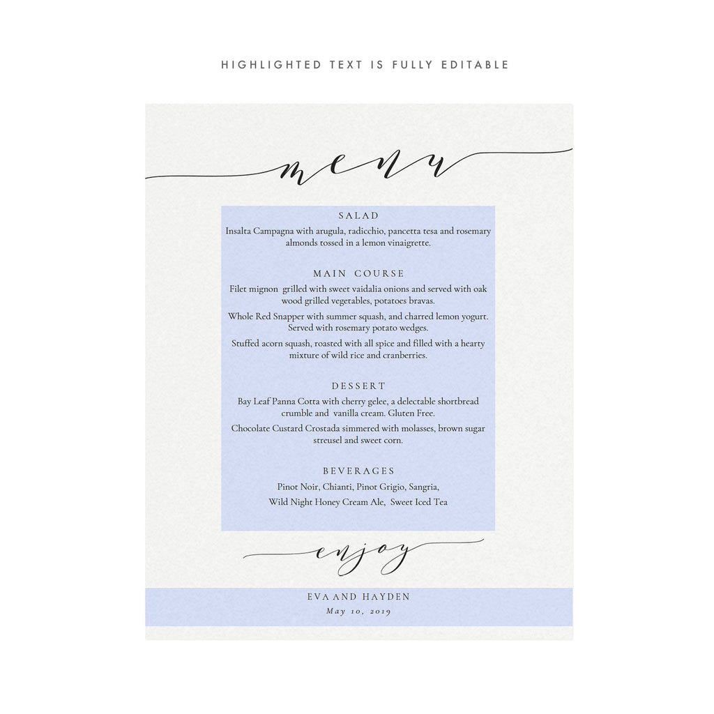 Calligraphy Wedding Menu Sign: Black and White Printable (PDF)