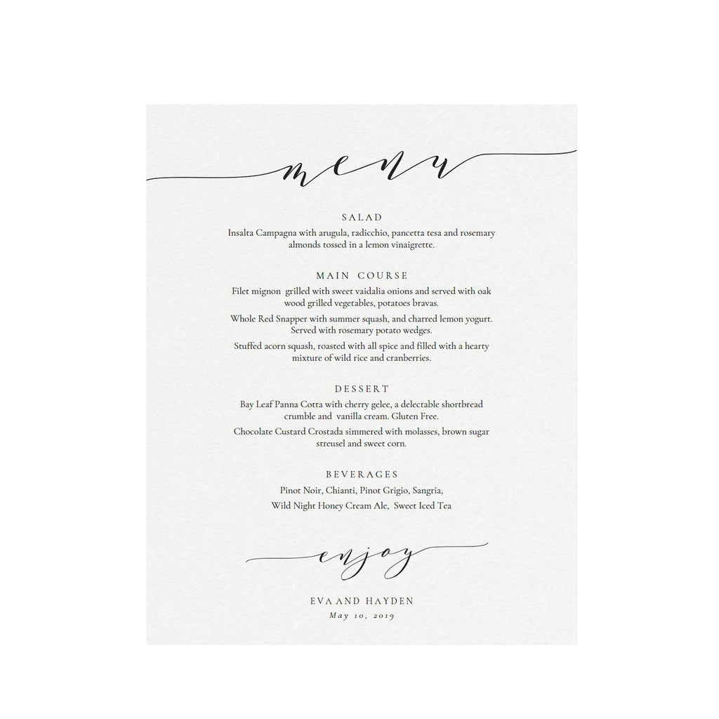 Calligraphy Wedding Menu Sign: Black and White Printable (PDF)