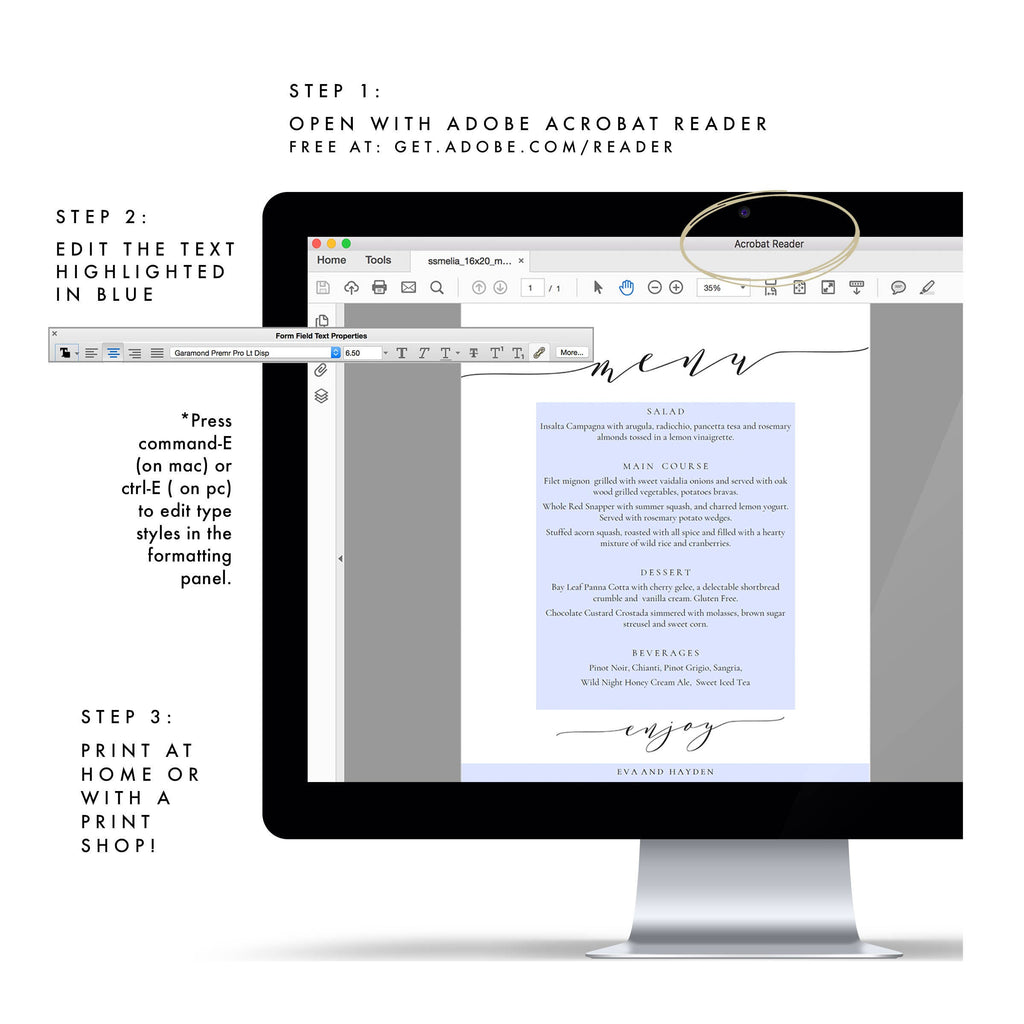 Calligraphy Wedding Menu Sign: Black and White Printable (PDF)