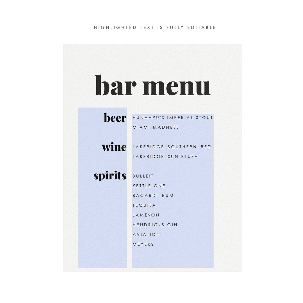 Modern Bar Menu Sign: Fairfax Printable Wedding Reception (PDF Download)